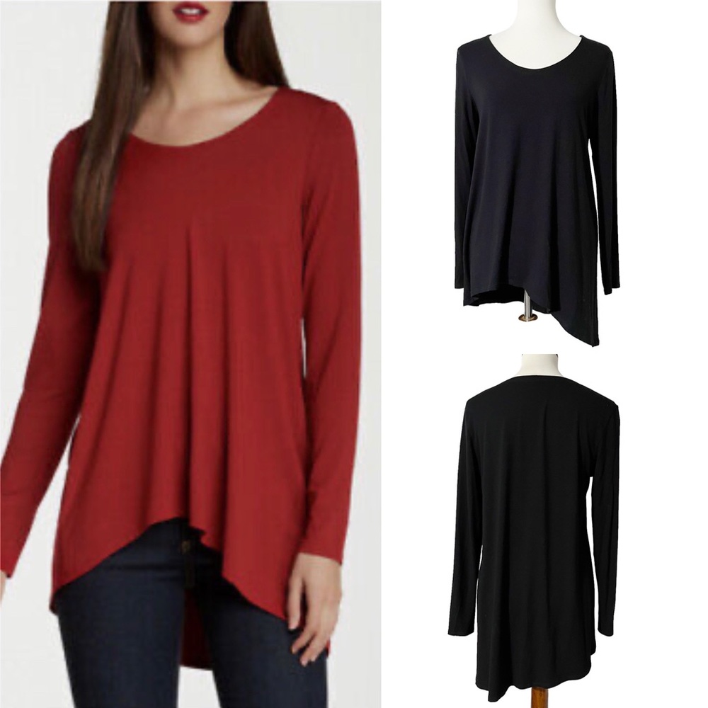 Eileen Fisher Black Asymmetrical Jersey Tunic Top Long Sleeves‎